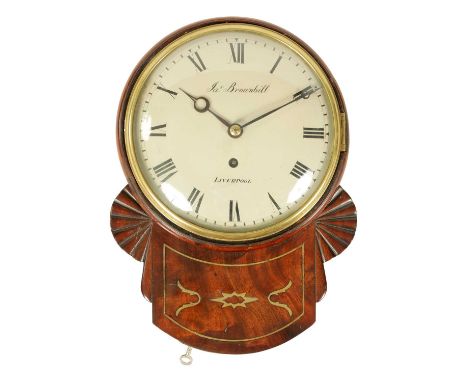 JAMES BROWNBIIL, LIVERPOOL. A SMALL REGENCY 8” CONVEX DIAL FUSEE WALL CLOCK the figured mahogany case having fanned ears and 
