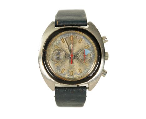 A 1970’s GENTLEMAN’S STEEL TISSOT SEASTAR CHRONOGRAPH WRIST WATCH on leather strap, with baton hour markers and chronograph l