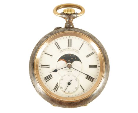 A LATE 19TH CENTURY MOONPHASE POCKET WATCH WITH CALENDAR DIAL ON REVERSE having a gun metal case enclosing an enamel Roman di