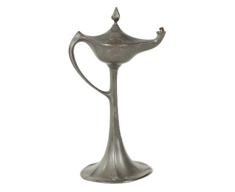 AN ART NOVEAU KAYSERZINN PEWTER CIGAR TABLE LAMP with circular base and slender stem supporting an ovoid body with raised flo
