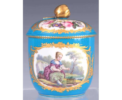 A FINE LATE 18TH CENTURY SEVRES PORCELAIN BOWL AND COVER on a celestial blue ground decorated with painted panels depicting c