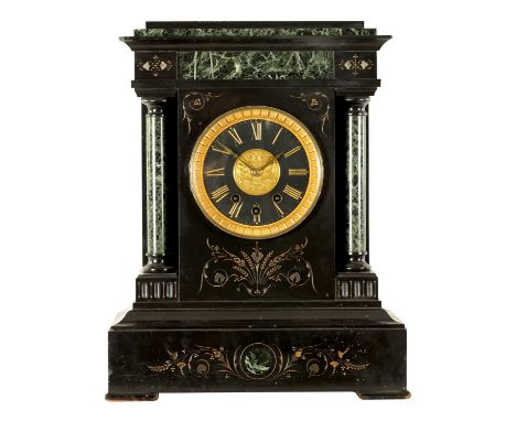 A RARE LATE 19TH CENTURY FRENCH EIGHT-BELL CHIMING MANTEL CLOCK the black and Verdi Antico marble case with stepped pediment 
