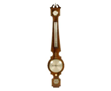 F. AMADIO &amp; SON, 118 ST. JOHN ST. ROAD, A GOOD REGENCY BRASS INLAID ROSEWOOD 6” DIAL WHEEL BAROMETER with swan-neck pedim