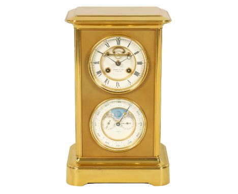 A LATE 19TH CENTURY FRENCH FOUR-GLASS MANTEL CLOCK WITH CALENDAR WORK AND MOON PHASE the moulded brass case with bevelled gla