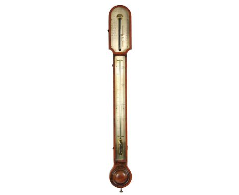 JAMES LONG, ROYAL EXCHANGE, LONDON. A GEORGE III MAHOGANY STICK BAROMETER/THERMOMETER with hinged rounded door to the top rev