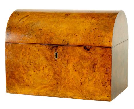A 19TH CENTURY DOME TOP BURR WALNUT TEA CADDY with hinged lid opening to reveal a fitted interior with bowed hinged lids