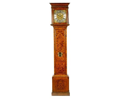 ANDREW DUNLOP, LONDON. A GOOD QUEEN ANNE ARABESQUE MARQUETRY MONTH GOING LONGCASE CLOCK the 12" square brass dial with gilt m