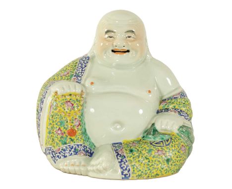 A LATE 19TH CENTURY CHINESE POLYCHROME SEATED FIGURE OF A HOTEI with finely decorated Famille Verte yellow ground jewelled - 