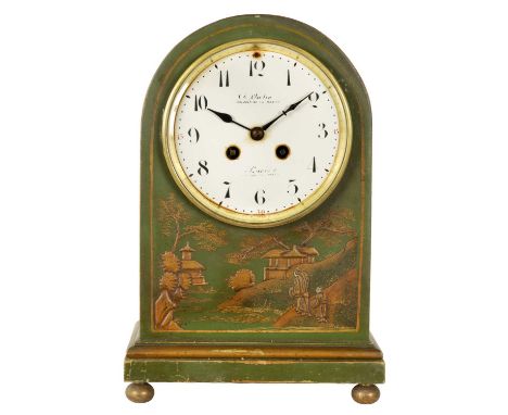 A LATE 19TH CENTURY FRENCH CHINOISERIE LACQUERED MANTEL CLOCK the arched green ground case decorated with raised gilt figures