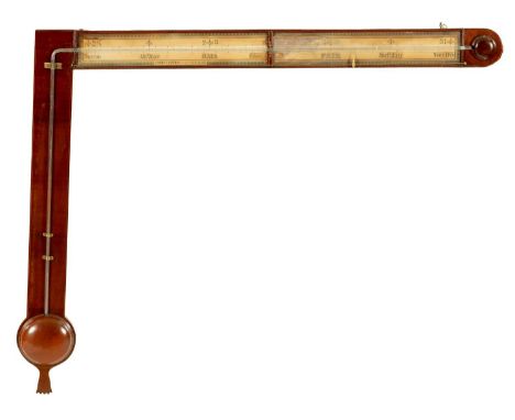 JOHN OATES, PUMP NR. HALIFAX. A LATE GEORGIAN MAHOGANY SIGNPOST BAROMETER fitted paper calibrated scales with mercury tube an