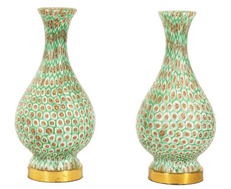A PAIR OF 19TH CENTURY FRENCH MILLIFIORI GLASS ELECTRIFIED TABLE LAMPS of green ground baluster form with typical flower head