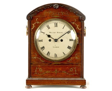 WILLIAM HISLOP, LONDON. A LATE REGENCY BRASS INLAID ROSEWOOD DOUBLE FUSEE BRACKET CLOCK the case with arched carved top enclo