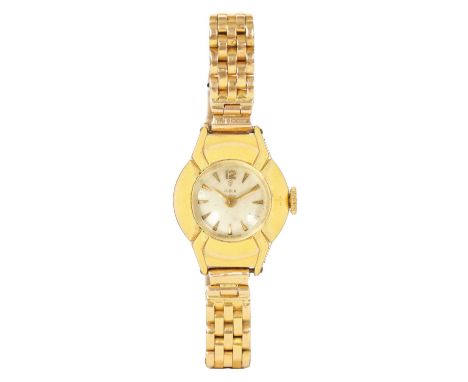 A LADIES GOLD PLATED ROLEX TUDOR WRIST WATCH ON 18CT GOLD BRACELET the stylish case enclosing a cream dial with gold baton ho
