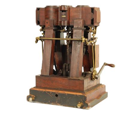 A 19TH CENTURY TRIPLE COMPOUND WOODEN DISPLAY MODEL OF A MARINE ENGINE Overall height - 61cm Width - 43cm depth - 32cm larges