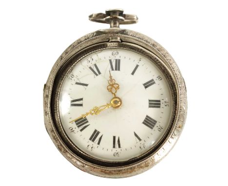 A LATE 18TH CENTURY CONTINENTAL PAIR CASE VERGE POCKET WATCH the studded simulated tortoiseshell outer case and silver open f