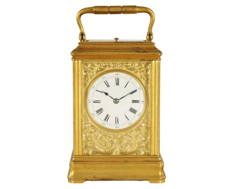 HENRI JACOT. A LATE 19TH CENTURY FRENCH GORGE CASED REPEATING CARRIAGE CLOCK the gilt brass case fitted a foliate scroll engr