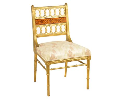 A LATE 19TH CENTURY ARTS AND CRAFTS GILT WOOD SIDE CHAIR with floral marquetry panel to the back and pierced decoration, upho