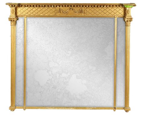 A LARGE REGENCY GILT WOOD OVERMANTEL MIRROR with blind fret corners and swagged centre joined by corinthian columns enclosing