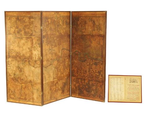 A RARE 18TH CENTURY MAHOGANY FRAMED LARGE TRIPLE FOLDING SCREEN DEPICTING A DETAILED MAP OF THE CITY OF LONDON from a bound v