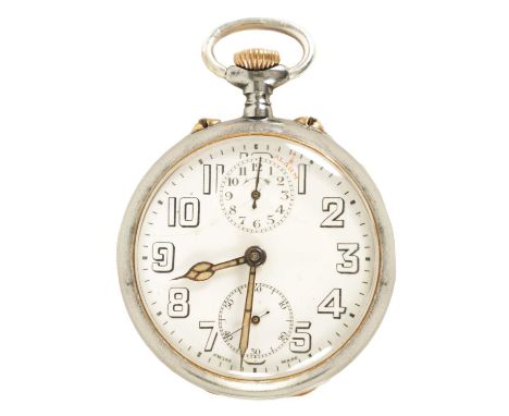 A 1930s SWISS OPEN FACED POCKET WATCH ALARM the gunmetal case enclosing a white enamel dial with Arabic numerals, subsidiary 