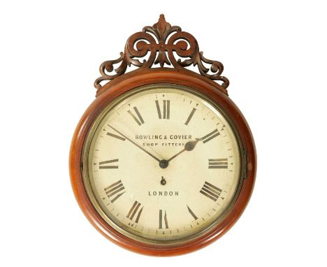 A 19TH CENTURY 10" DIAL FUSEE WALL CLOCK the mahogany case surmounted by a pierced carved pediment above a moulded surround w