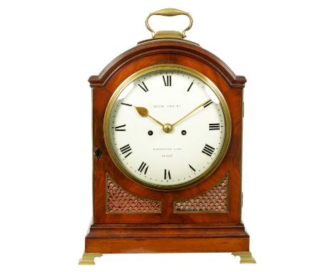 HENRY GRATTE, KENNINGTON LANE, SURREY. A LATE GEORGE III PAD TOP QUARTER CHIMING BRACKET CLOCK WITH ENAMEL DIAL the mahogany 