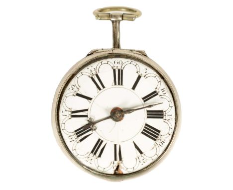 F. MILLER, LONDON. A GEORGE III VERGE FUSEE REPOUSSE PAIR CASED POCKET WATCH with enamel Roman dial fronting a signed chain d