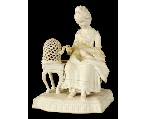 AN 18TH/EARLY 19TH CENTURY BISQUE PORCELAIN SEATED LADY FIGURE AFTER MEISSEN the young lady seated feeding a caged bird set o