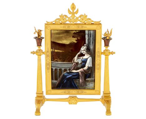 A FINE 19TH CENTURY ORMOLU LIMOGE FRENCH DRESSING TABLE MIRROR the swivel mirror with bevelled glass and griffin pediment rev