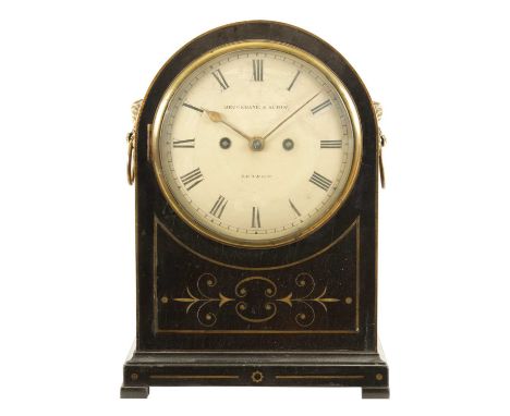 BROCKBANK &amp; ATKINS, LONDON. A REGENCY EBONISED AND BRASS INLAID DOME-TOP DOUBLE FUSEE EIGHT-DAY BRACKET CLOCK the 7" sign