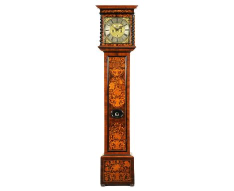 JOHN EBSWORTH LONDINI FECIT A WILLIAM AND MARY WALNUT AND PANELLED MARQUETRY 8 DAY LONGCASE CLOCK The rising hood with moulde