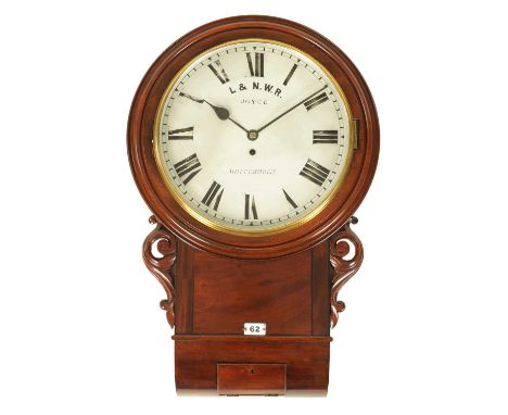 JOYCE, WHITCHURCH. A MID 19TH CENTURY FUSEE RAILWAY CLOCK the figured mahogany case with scroll carved ears, ebony strung inl