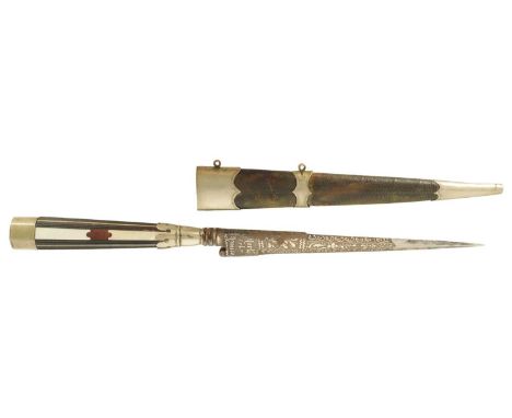AN 18TH CENTURY ITALIAN VENDETTA DAGGER the leather scabbard with octagonal shaped handle of mother of pearl and ebony27cm lo