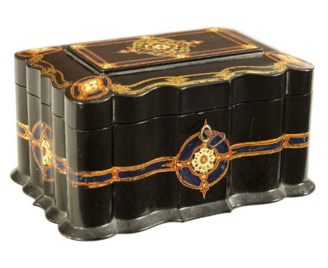 JENNEN &amp; BETTRIDGE. A 19TH CENTURY SERPENTINE SHAPED PAPIER MACHE TEA CADDY decorated with coloured banding, the hinged l