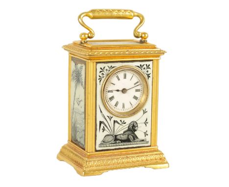AN EARLY 20TH CENTURY MINIATURE SWISS ENAMELLED BOUDOIR CARRIAGE CLOCK the gilt brass engraved case inset with guilloche enam