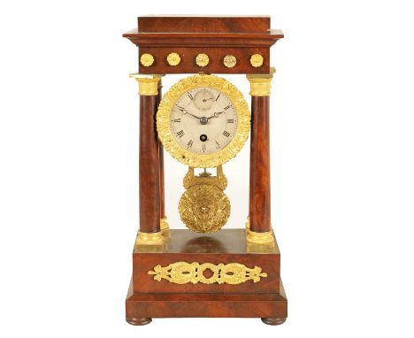 A SMALL MID 19TH CENTURY FRENCH ORMOLU MOUNTED MAHOGANY PORTICO MANTEL CLOCK with four tapered columns, stepped pediment and 