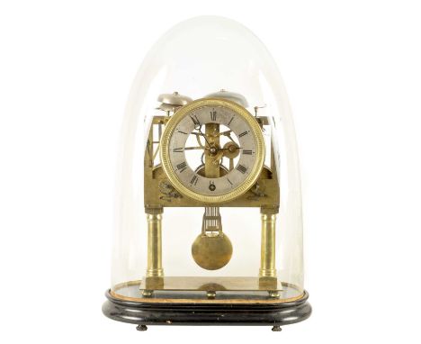 A 19TH CENTURY FRENCH THREE TRAIN QUARTER CHIMING SKELETON CLOCK WITH LONG DURATION having a 7" skeletonised silvered dial wi