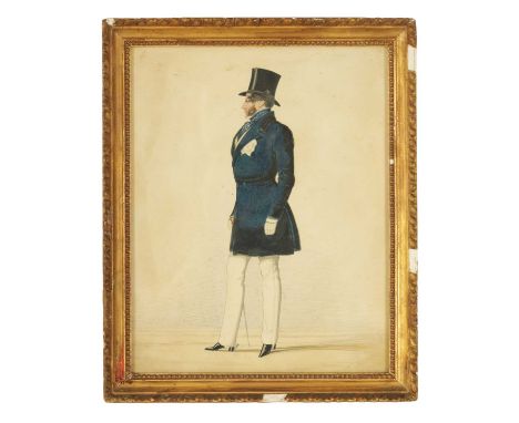 RICHARD DIGHTON, (1795 - 1880). A 19TH CENTURY WATERCOLOUR full length portrait of a Gentleman wearing a blue coat and top ha