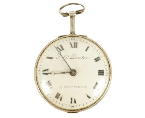 J.G. DEMLER, A REGENSBURG. A 19TH CENTURY GERMAN SILVER VERGE POCKET WATCH the enamel dial with Roman numerals fronting a fus
