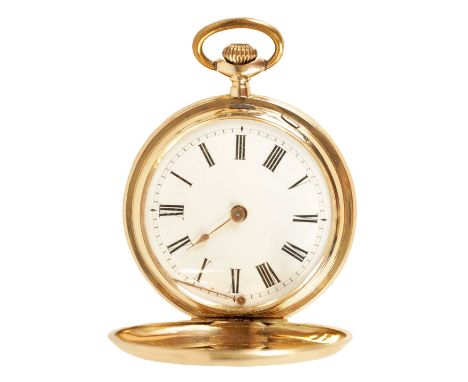 A SWISS EARLY 20TH CENTURY 14CT GOLD FULL HUNTER POCKET WATCH having an engine-turned case with sprung cover opening to revea