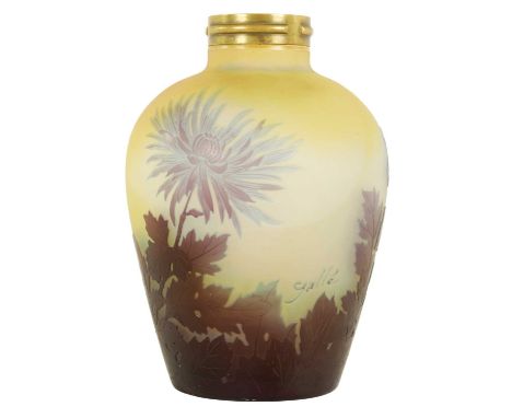 EMILLE GALLE. A FRENCH ART GLASS OVOID CAMEO GLASS LAMP BASE coloured in mauve on a shaded pale green ground with chrysanthem