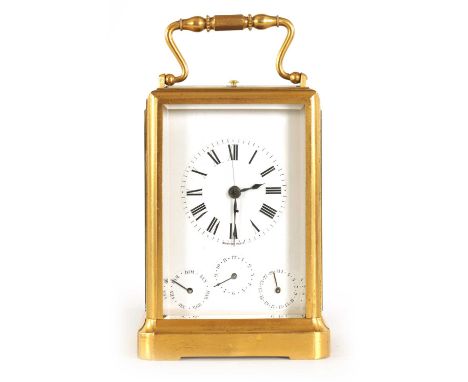 BARWISE, PARIS. A 19TH CENTURY FRENCH GILT BRASS REPEATING CARRIAGE CLOCK WITH CALENDAR WORK AND SWEEP CENTRE SECONDS HAND th