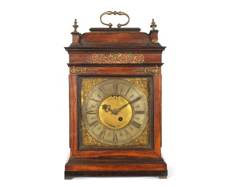 A LATE 17TH CENTURY FIGURED WALNUT ITALIAN NIGHT CLOCK with square brass dial fitted rococo gilt brass spandrels enclosing a 