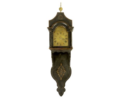 GEORGE LUMLEY, BURY (ST EDMUNDS) A MID 18TH CENTURY 30HR LACQUERED HOODED WALL CLOCK the 6" brass arched dial with Roman nume