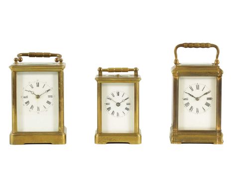 THREE LATE 19TH CENTURY FRENCH BRASS CASED CARRIAGE CLOCKS comprising of a gorge cased carriage clock, a striking carriage cl