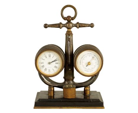 A LATE 19TH CENTURY FRENCH INDUSTRIAL MANTEL CLOCK AND BAROMETER DESK CLOCK in the form of an anchor with calibrated thermome