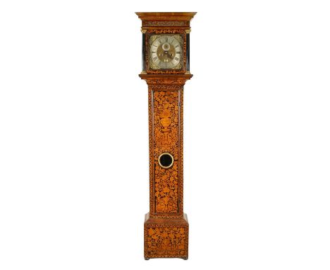 JOHN CLOWES, LONDON. A LATE 17TH CENTURY 11” WALNUT AND MARQUETRY 8 DAY LONGCASE CLOCK with moulded pediment above a pierced 