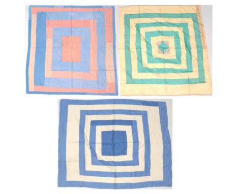 Three Early 20th Century Coloured Linen Patch Work Covers, including a large yellow and green patchwork, with central diamond
