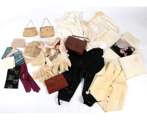 Assorted 19th Century and Later Clothing and Accessories, including circa 1930s crocodile leather clutch bag initialled MC, a