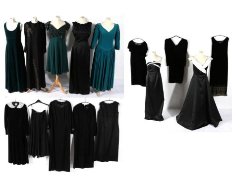 Assorted Circa 1970-80s Evening Wear, comprising a Marjon Couture black full length sleeveless dress, with scalloped and bead